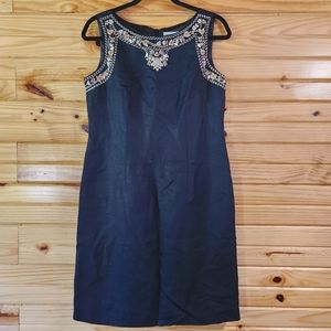 Jessica Howard Dress | Black Linen Embroidered Neck Midi Women's 8